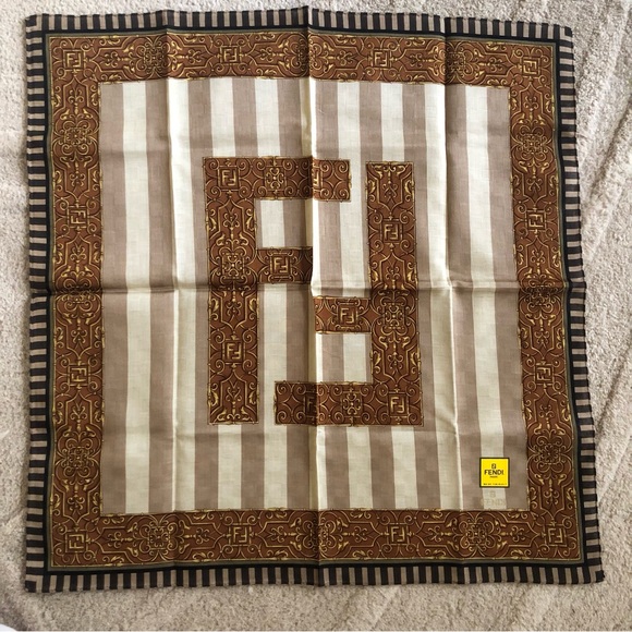 New FENDI Bandana Handkerchief Scarf Cotton FF Logo All Over Beige Stripe - Picture 1 of 2